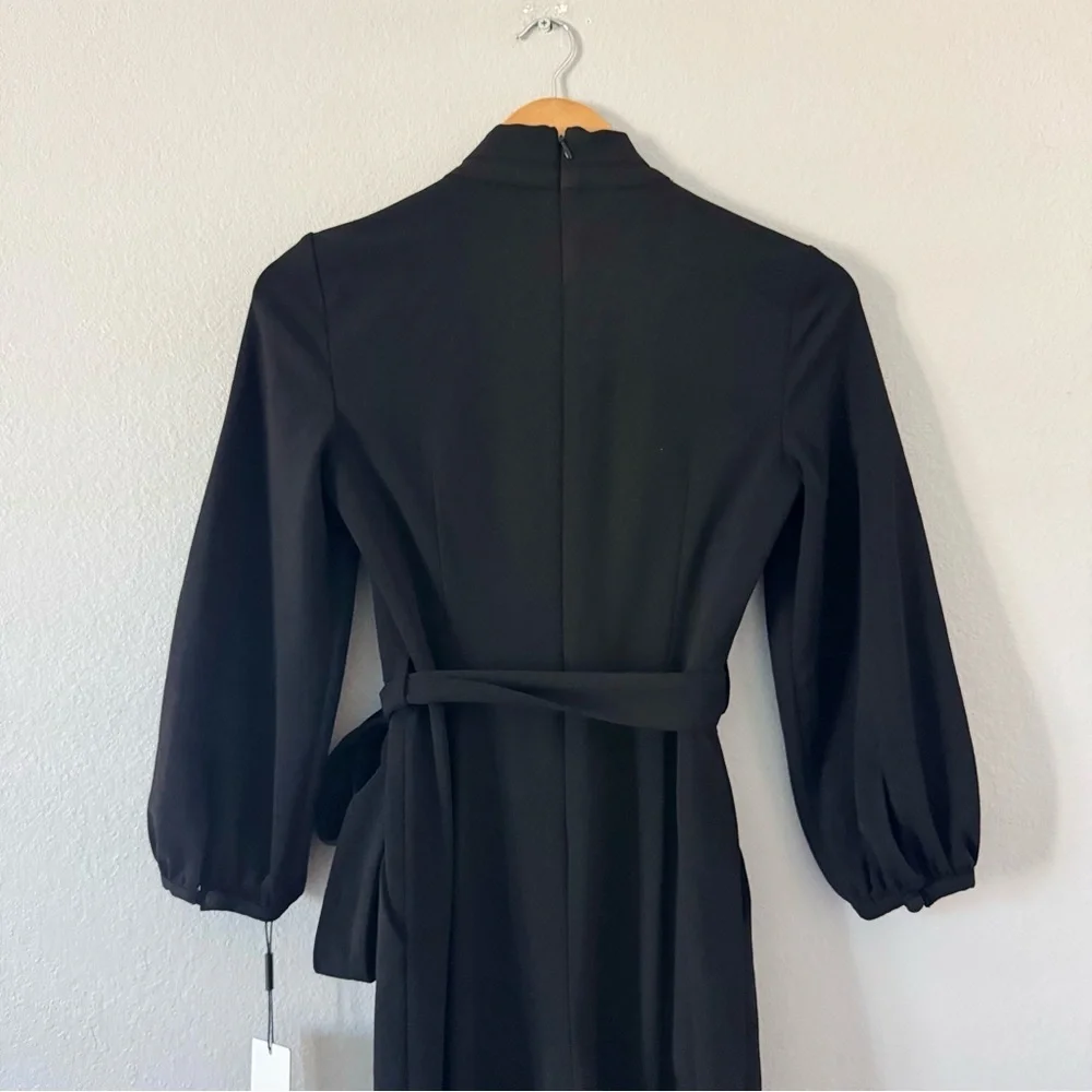 New Calvin Klein Jumpsuit Black Sz 2 Wide Crop High Neck Peep Hole, Tie, Pocket